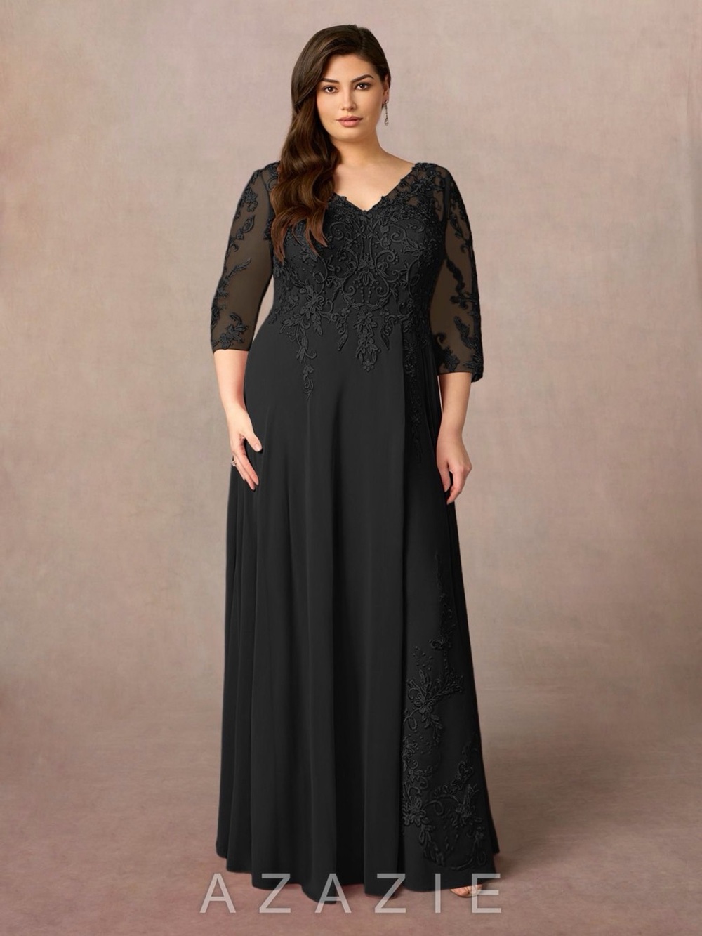 Azazie Black Sheer-Sleeve V-Neck Embroidered Gown